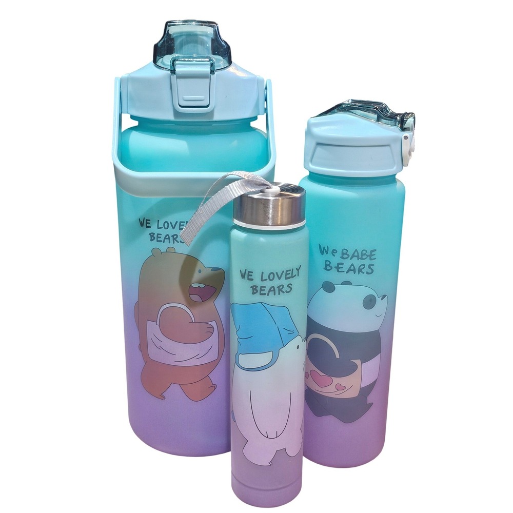 We Bare Bears 3 Piece Water Bottle Set Teal Purple Ombre Grizzly Panda Ice Bear